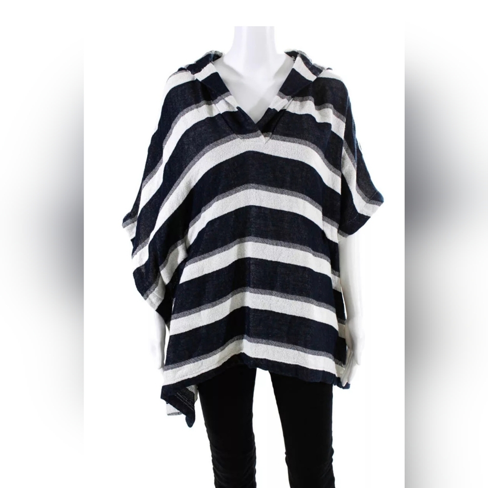 Solid & Striped Womens Striped Hooded Drawstring Poncho Navy Size One Size